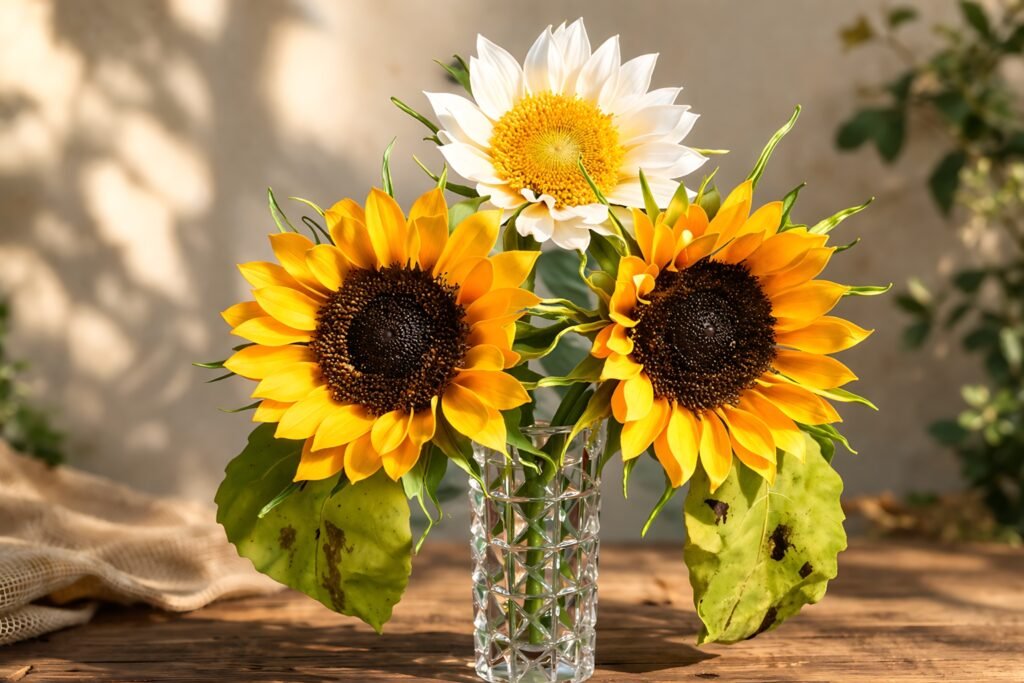 Finished sunflower paper flower bouquet in a glass vase
