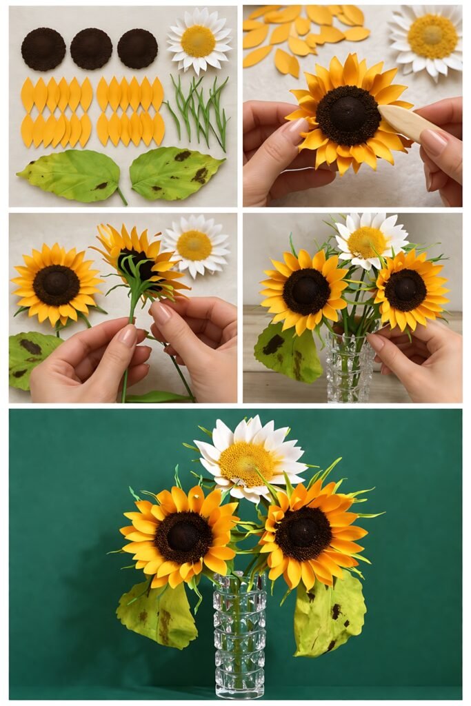 Sunflower paper flower bouquet template pieces and assembly steps