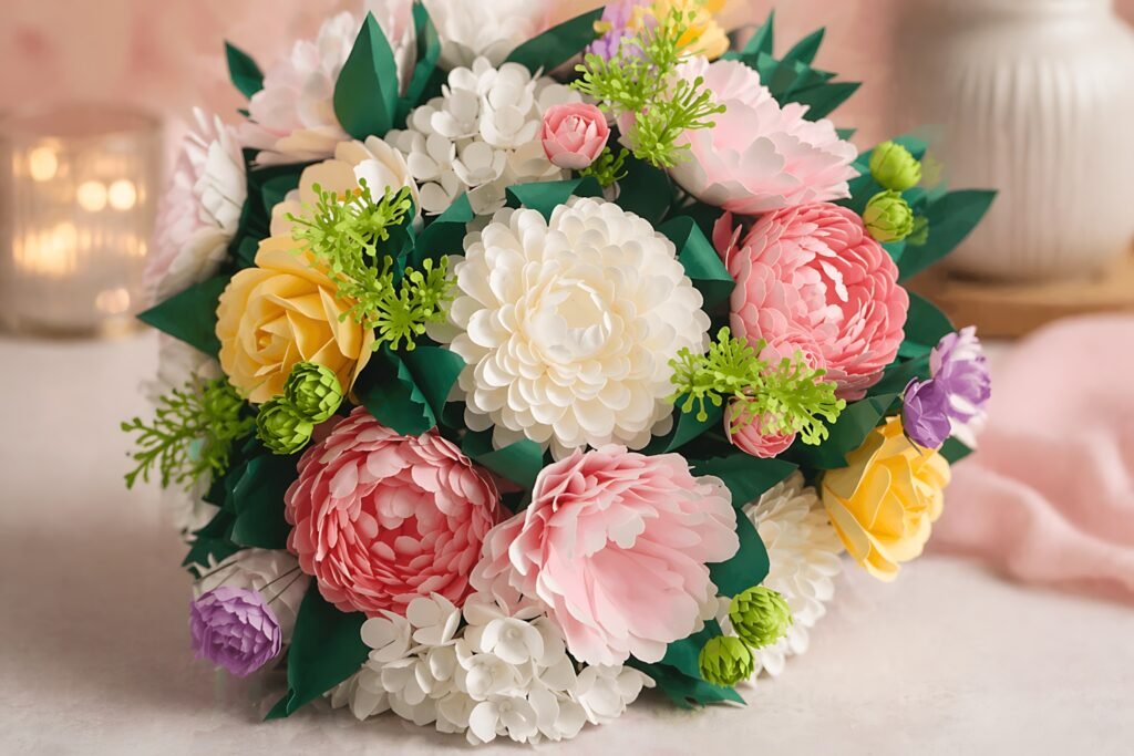 paper flower bouquet with dahlia and mum blooms